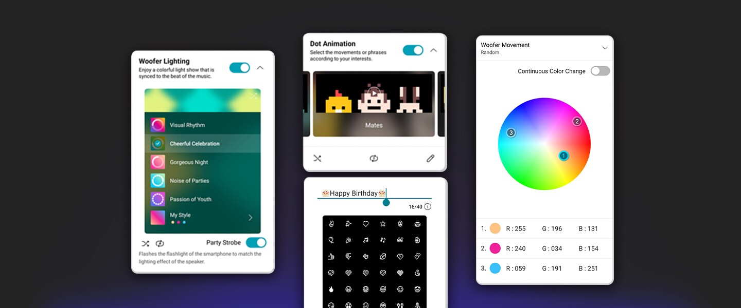 Captura de tela do XBOOM APP. Você pode personalizar as iluminações através do aplicativo.