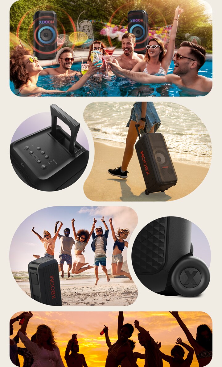 Imagens ilustradas do LG XBOOM XL7T. No topo, as pessoas estão curtindo uma festa na piscina, com dois alto-falantes LG XBOOM XL7T e gráficos de som colocados atrás deles. Uma vista superior do alto-falante e sua alça telescópica é mostrada à esquerda, enquanto uma mulher carregando o alto-falante facilmente graças às rodas é retratada à direita. A vista traseira do alto-falante mostra pessoas pulando na praia, junto com um close-up da roda. A imagem captura as silhuetas de pessoas curtindo o pôr do sol com música.
