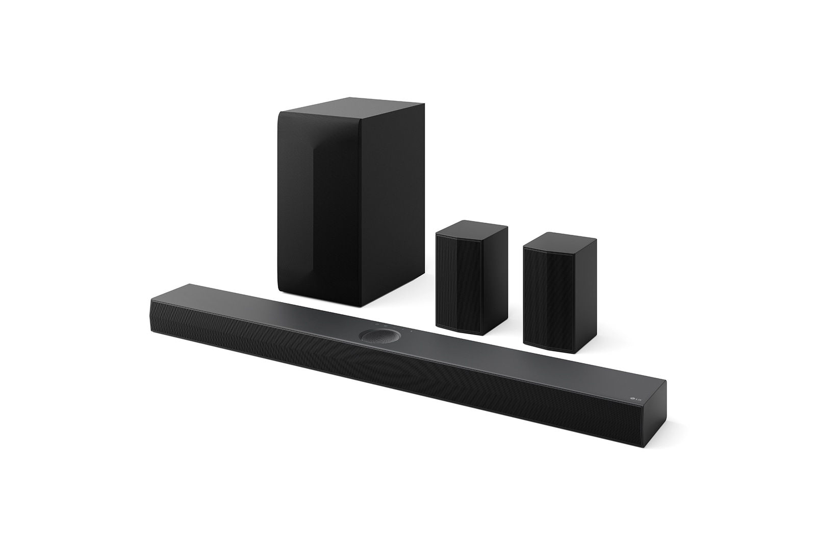 Angled view of LG Soundbar S75TR, subwoofer, and Rear Speakers