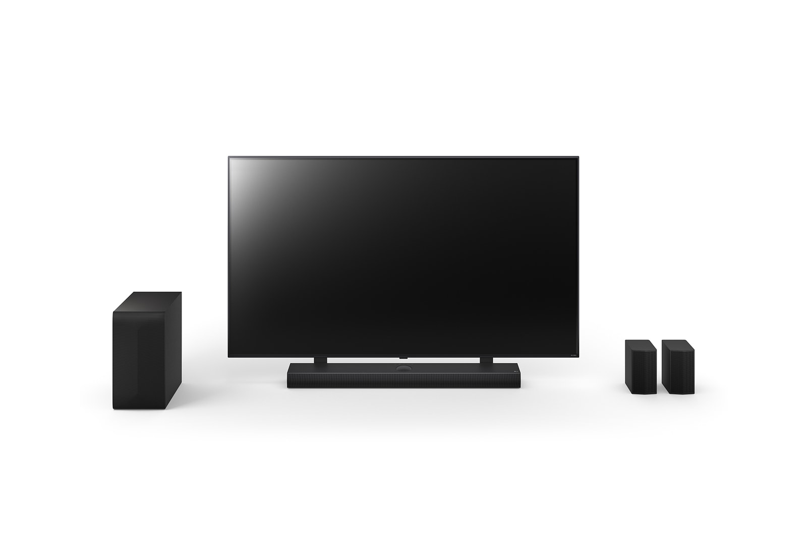 Front view of 65inch LG QNED, LG Soundbar S75TR, Rear Speakers, and subwoofer
