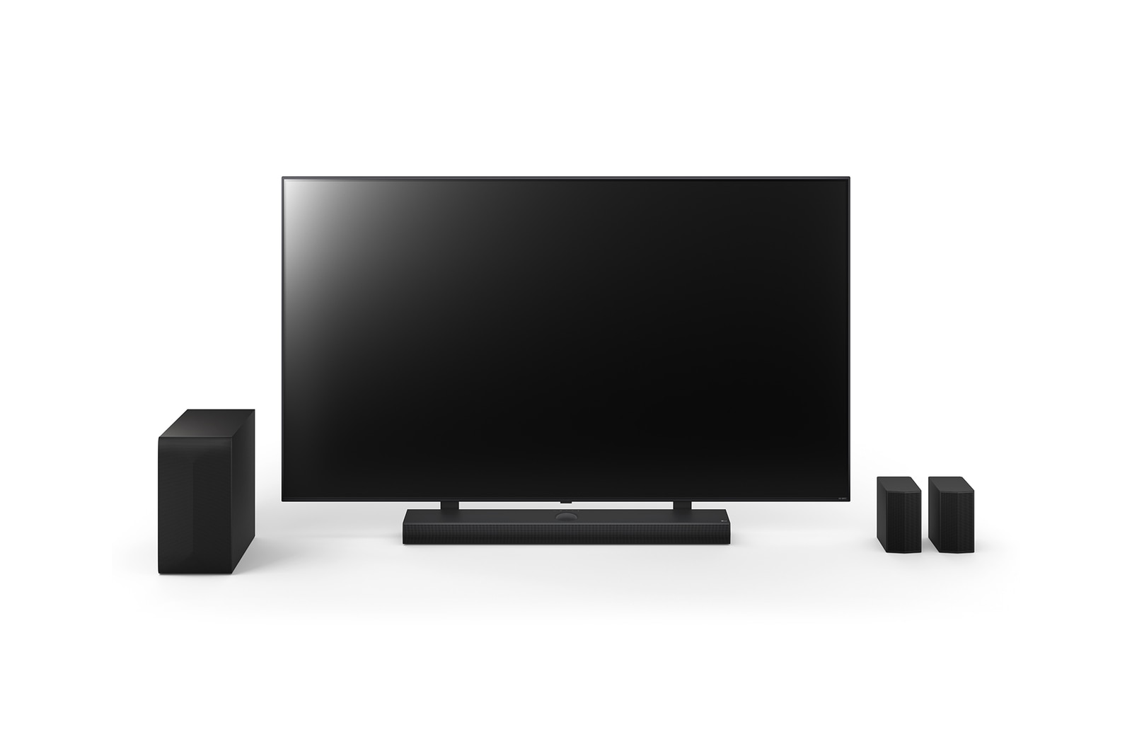 Front view of 75inch LG QNED, LG Soundbar S75TR, Rear Speakers, and subwoofer