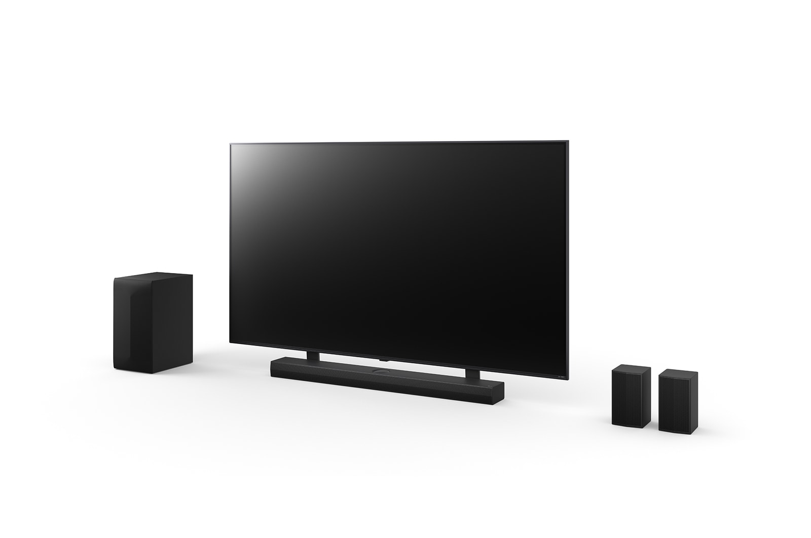 Angled view of 65inch LG QNED, LG Soundbar S75TR, Rear Speakers, and subwoofer
