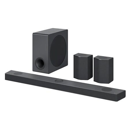 Vista frontal com subwoofer e alto-falantes traseiros