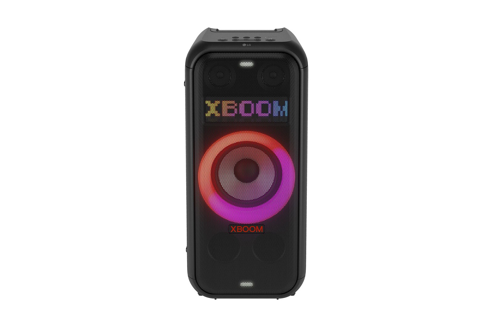 Front view with all lighting on. On the Dynamic Pixel Lighting panel, it shows the text; XBOOM.