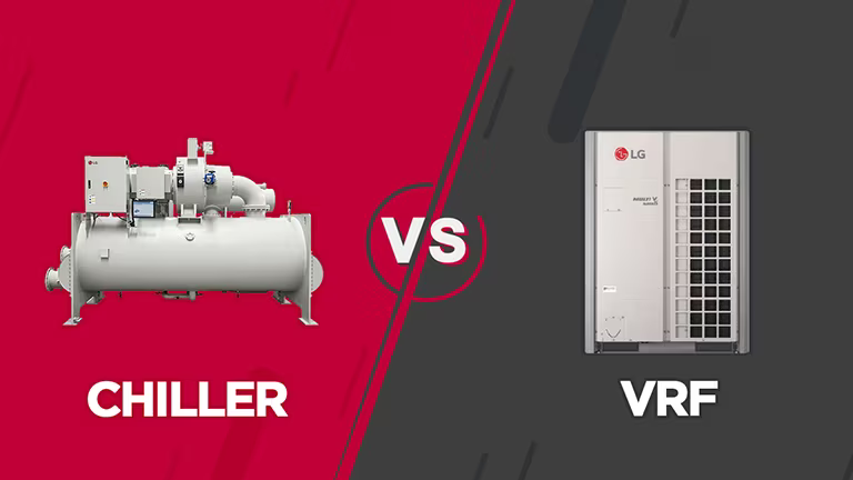 Um LG Chiller contra um fundo vermelho fica à esquerda, enquanto um LG VRF contra um fundo cinza está à direita, separado por um sinal VS central.