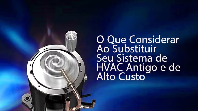 Com sua base preta e núcleo espiral metálico, o compressor inverter LG é envolto por uma névoa de partículas azuis.