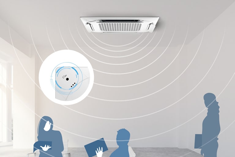 O sensor de detecção humana no LG Dual Vane Cassete está emitindo um sinal branco em forma de arco para identificar a localização dos indivíduos abaixo dele.