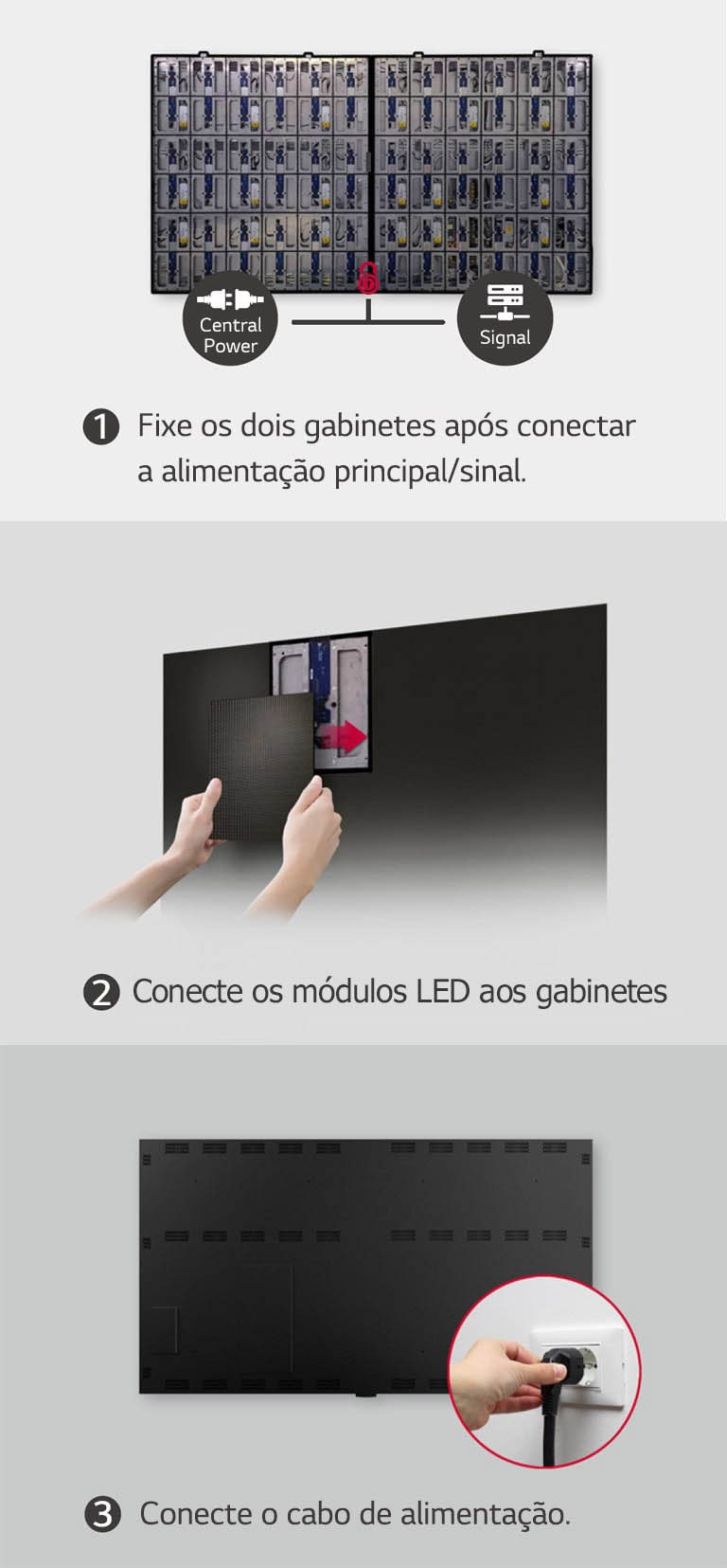 Consiste em um total de 3 imagens com etapas para prender os dois gabinetes, colocar os módulos LED e conectar o cabo de alimentação.