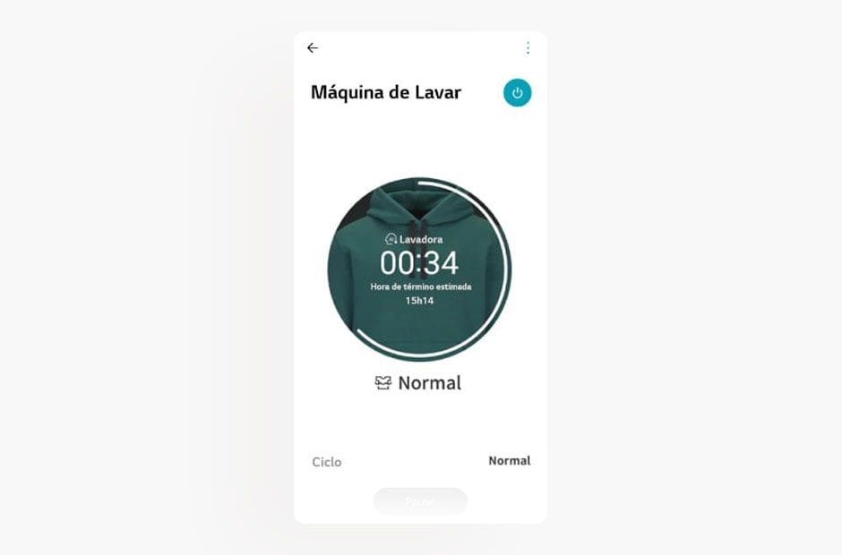 A imagem mostra a tela do lavador no aplicativo LG ThinQ