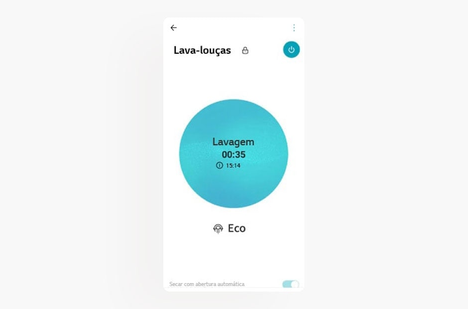 A imagem mostra a tela da máquina de lavar louça no aplicativo LG ThinQ