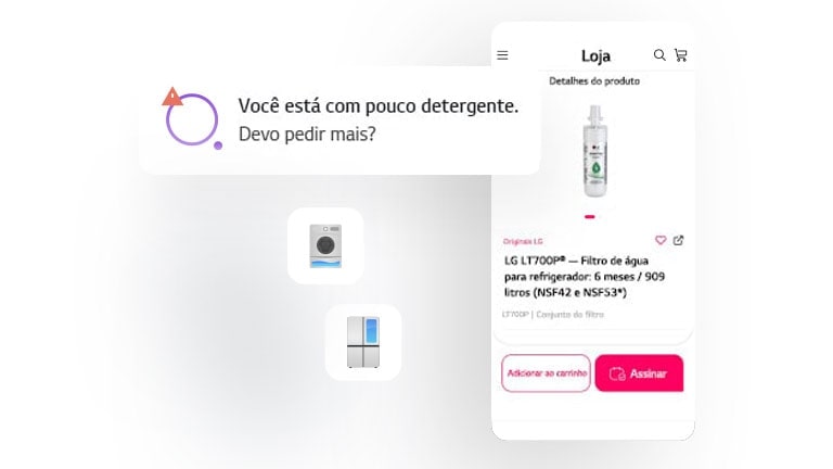 A imagem mostra a tela do aplicativo LG ThinQ exibindo diferentes notificações para reabastecer sua casa.