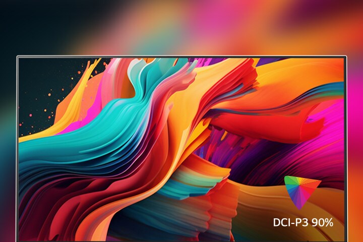 A tela contém várias cores que representam UHD 4K e, no canto inferior direito, há um logotipo indicando DCI-P3 90%.