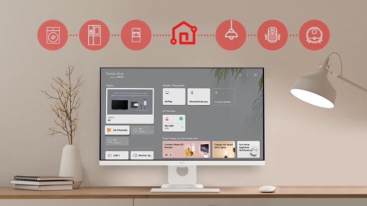 Na tela do monitor da mesa, o painel Home é exibido e, na parte superior da imagem, há ícones de eletrodomésticos, como máquinas de lavar, geladeiras, aspiradores de pó, etc., que podem ser controlados por meio do aplicativo LG ThinQ.