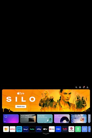   Tela inicial de uma Smart TV LG com aplicativos e um banner do Apple TV+ promovendo a série "Silo".