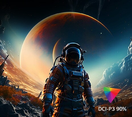 A tela contém várias cores que representam UHD 4K e, no canto inferior direito há um logotipo indicando DCI-P3 90%.
