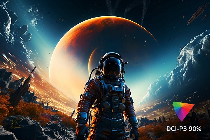 A tela contém várias cores que representam UHD 4K e, no canto inferior direito, há um logotipo indicando DCI-P3 90%.