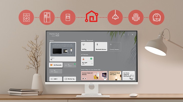 Na tela do monitor da mesa, o painel Home é exibido e, na parte superior da imagem, há ícones de eletrodomésticos, como máquinas de lavar, geladeiras, aspiradores de pó, etc., que podem ser controlados por meio do aplicativo LG ThinQ.