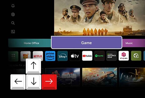 Um ícone de teclado com teclas de seta é exibido na tela do webOS.