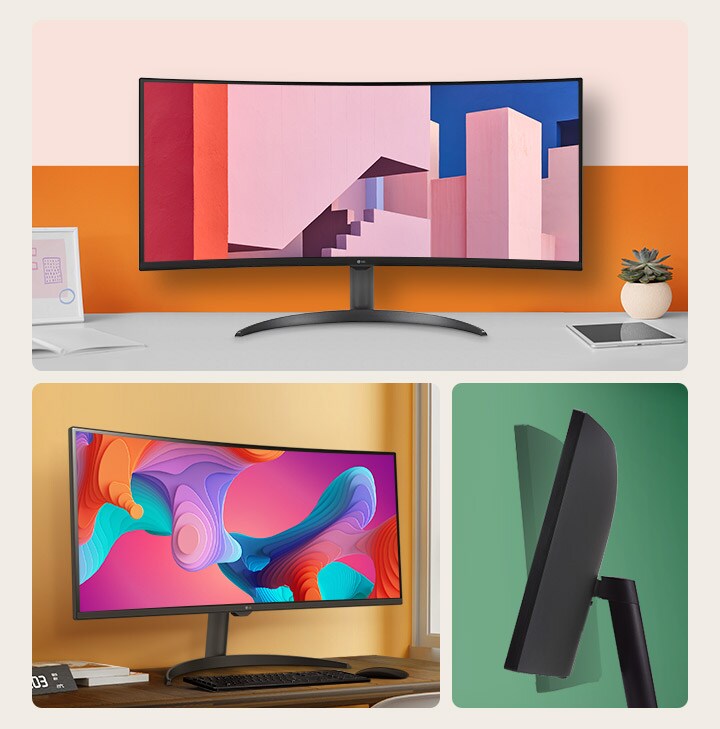 Há um monitor com uma moldura fina, exibindo a tela em um ângulo de -5 graus, proporcionando uma visão lateral mostrando a inclinação e exibindo uma visão frontal elegante.