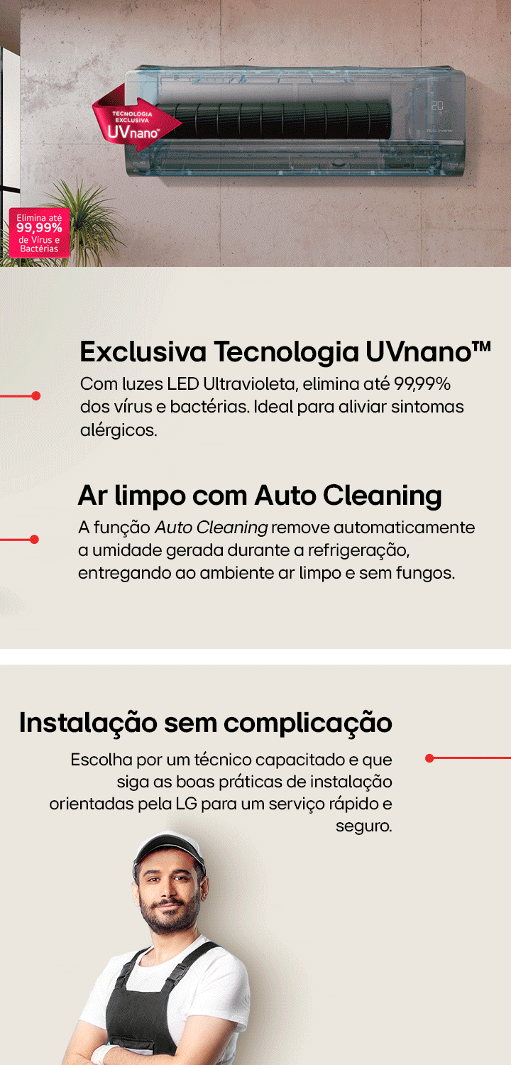 Acima, imagem de banner demonstrando a função Auto Cleaning do ar-condicionado LG Artcool.