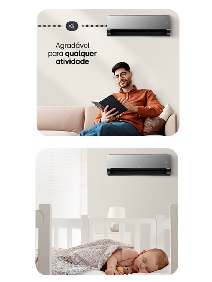  Do lado esquerdo, imagem gráfica de equalizador de som demonstrando baixo volume de ruído do ar-condicionado LG Artcool.