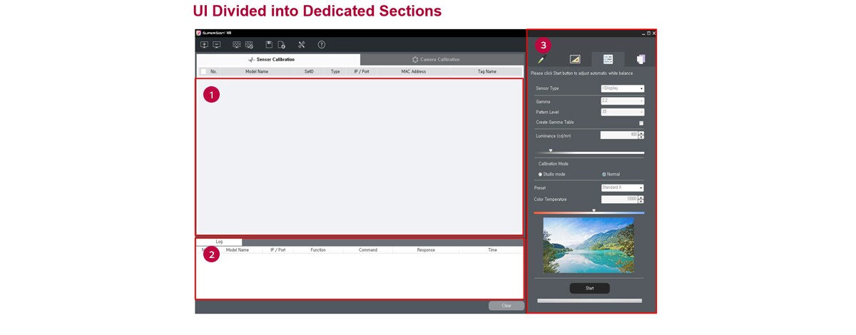 The sensor calibration of SuperSign C (UI divided into dedicated sections)