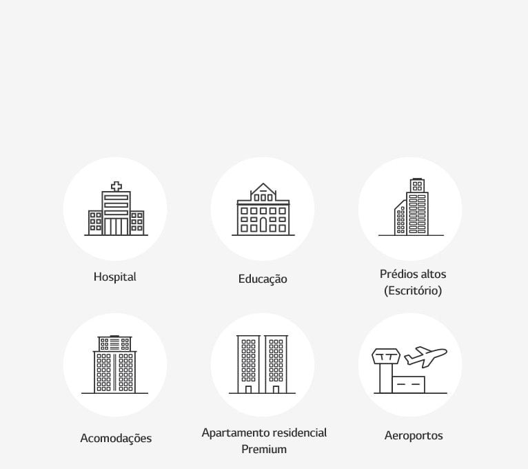 Ícones circulares de hospital, escola, arranha-céus, apartamento e aeroporto expostos lado a lado.