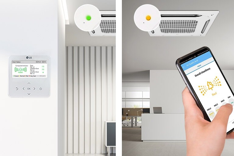 Uma unidade de controle e um montado no teto LG semi-visíveis irradiam luz verde, enquanto uma pessoa usa habilmente o aplicativo ThinQ para controle à direita.