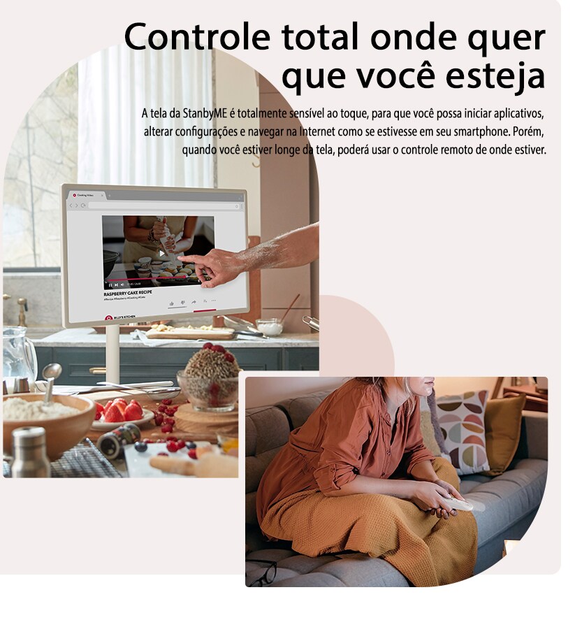 Uma imagem à esquerda mostra o close-up de uma TV colocada na cozinha - um homem está tocando a tela enquanto cozinha. Outra imagem à direita mostra uma mulher assistindo TV segurando o controle remoto em suas mãos.