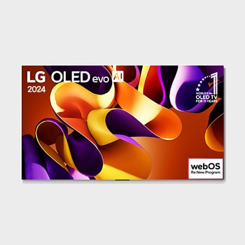 Vista frontal com LG OLED evo G4, OLED55G4PSA, emblema de 11 anos como a OLED número 1 do mundo e logotipo de garantia de painel de 5 anos na tela.