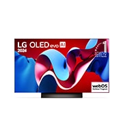 Vista frontal da LG OLED evo AI TV, OLED C4, exibindo na tela o emblema de onze anos como a OLED número um do mundo e o logotipo webOS Re:New Program, e, abaixo, uma Soundbar