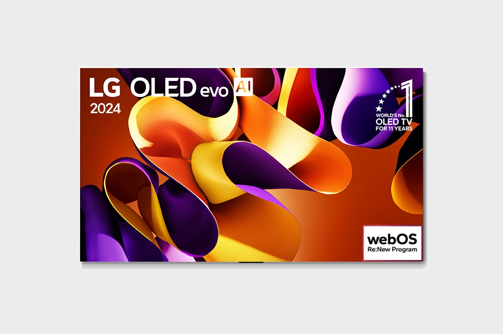  LG OLED evo AI TV, OLED G4’ün önden görünümü. Ekranda 11 Yıldır Dünyanın 1 Numaralı OLED’i Amblemi ve webOS Re:New Program logosu.