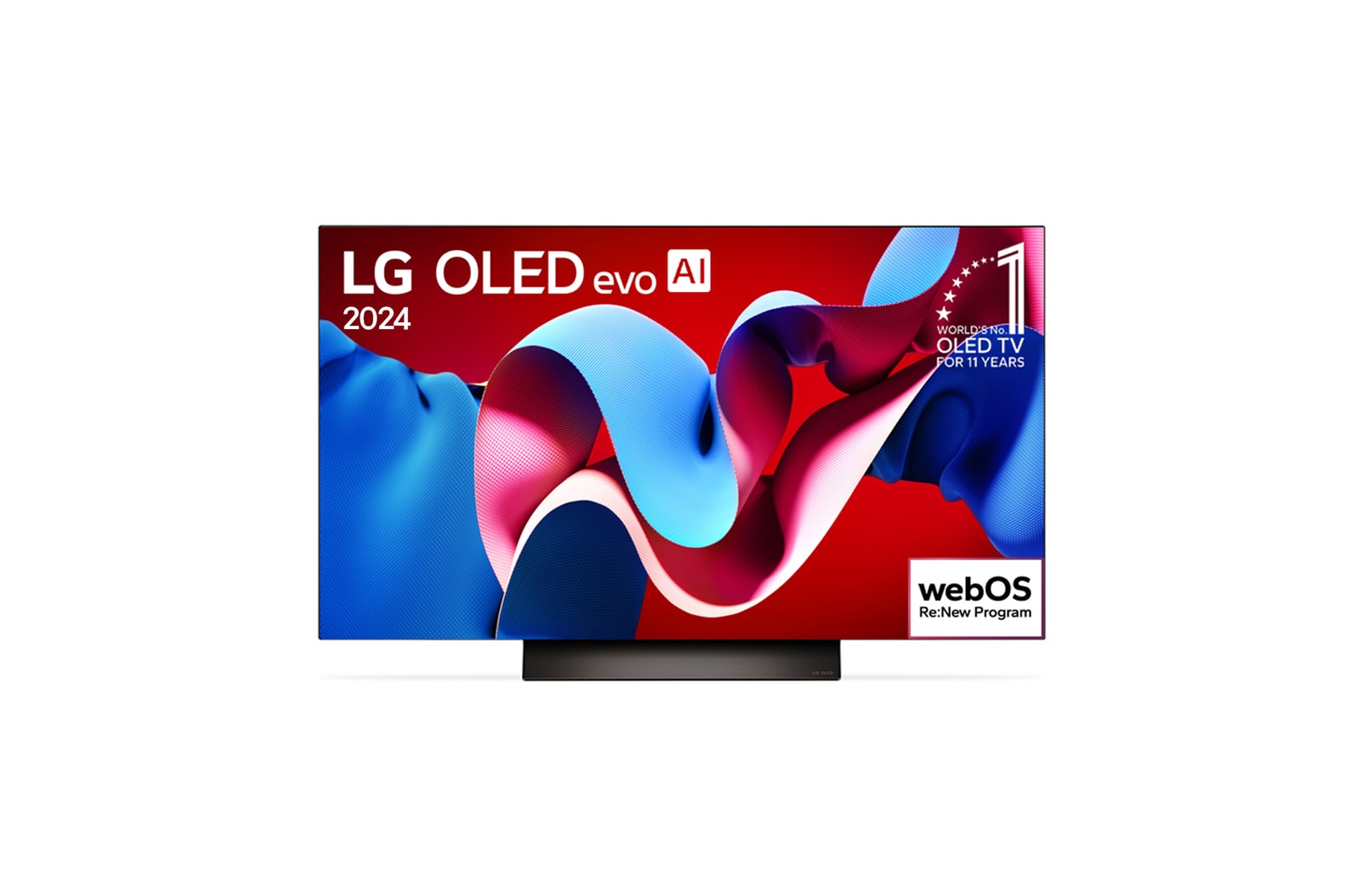 Vista frontal da LG OLED evo AI TV, OLED C4, exibindo na tela o emblema de onze anos como a OLED número um do mundo e o logotipo webOS Re:New Program, e, abaixo, uma Soundbar