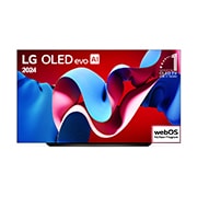 Vista frontal da LG OLED evo AI TV exibindo na tela o emblema de onze anos como a OLED número um do mundo e o logotipo webOS Re:New Program