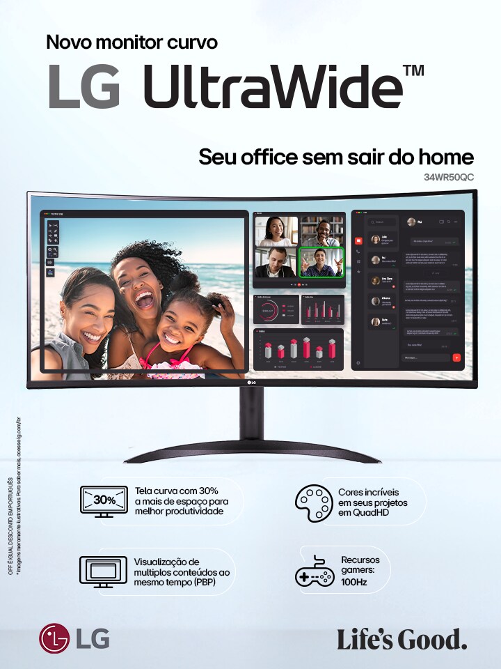  Monitor curvo LG UltraWide com tela ampla, ideal para produtividade e multitarefas, exibindo múltiplos conteúdos.