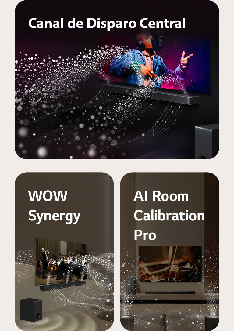 LG TV e LG Soundbar em uma sala escura apresentando uma apresentação musical. Gotículas brancas representando ondas sonoras disparam para cima e para frente a partir da barra de som, enquanto o subwoofer cria um efeito sonoro na parte inferior.  LG TV e LG Soundbar em uma sala de estar tocando uma orquestra. Ondas brancas de gotículas representando ondas sonoras disparam para cima e para frente a partir da barra de som e são projetadas na TV, enquanto o subwoofer cria um efeito sonoro na parte inferior.  LG TV, LG Soundbar, alto-falantes traseiros e um subwoofer estão em uma sala de estar. Uma sobreposição de grade aparece na sala, como uma varredura do espaço. Ondas sonoras brancas feitas de gotas mostram os alto-falantes traseiros e a barra de som tocando em harmonia.