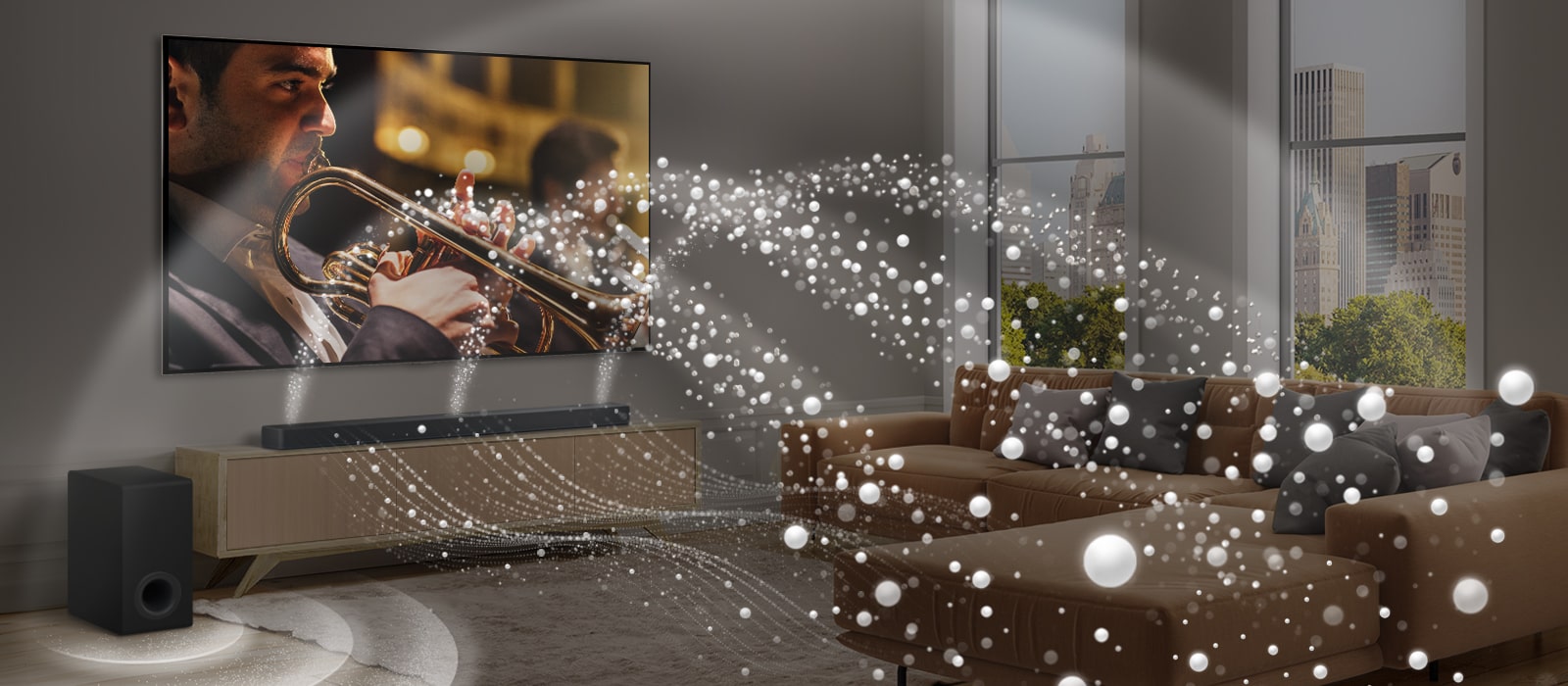 Um LG Soundbar, uma TV LG e um subwoofer estão em um apartamento moderno na cidade. O LG Soundbar emite três ramos de ondas sonoras, feitos de gotículas brancas que flutuam na parte inferior do chão. Mais ondas sonoras de gotas brancas disparam da parte superior da barra de som. Ao lado do Soundbar há um subwoofer, criando um efeito sonoro na parte inferior. Como um todo, eles criam um efeito de cúpula em toda a sala.	