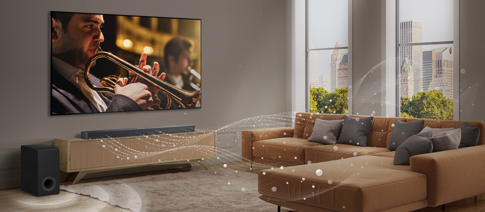 Um LG Soundbar, uma TV LG e um subwoofer estão em um apartamento moderno na cidade. O LG Soundbar emite três ramos de ondas sonoras, feitos de gotículas brancas que flutuam na parte inferior do chão. Ao lado do Soundbar há um subwoofer, criando um efeito sonoro na parte inferior.	