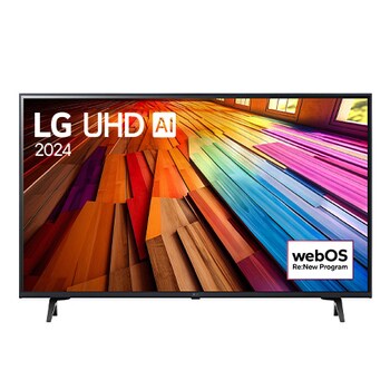 Vista frontal da TV LG UHD, UT80 com texto da LG UHD AI ThinQ, 2024 e o logo do programa webOS Re:New na tela