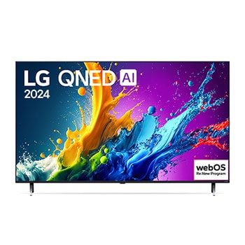 Vista frontal do 55QNED80TSA com texto do LG QNED 4K, 2024 e logotipo do webOS Re:New Program na tela