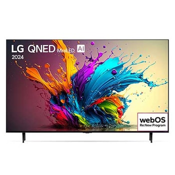 Vista frontal do 65QNED90TSA com texto LG QNED90 MiniLED 4K 2024 e logotipo do Programa WebOS Re:New na tela.