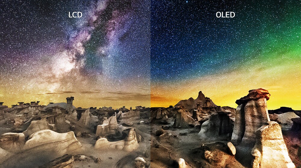 Vista lado a lado de uma LCD e uma OLED. O lado LCD mostra baixo contraste e áreas acinzentadas escuras da paisagem rochosa. O lado OLED mostra pretos escuros, cores vivas e alto contraste natural.