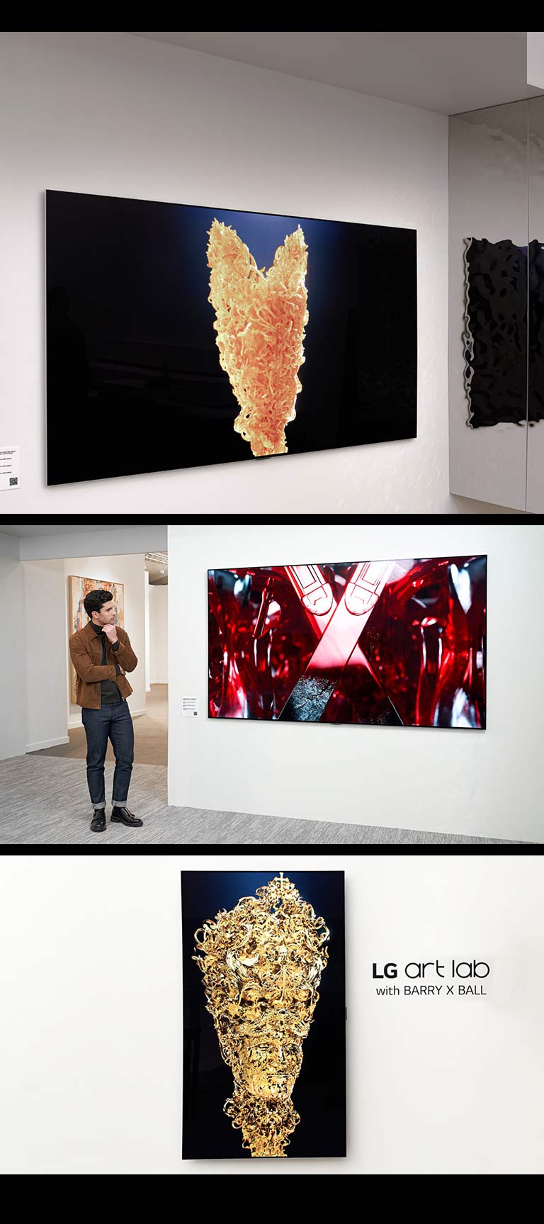 A imagem no alto mostra uma LG OLED em uma sala branca com a imagem de uma escultura dourada reproduzida na tela. Ao seu lado está uma escultura física prateada com um padrão texturizado exclusivo que reflete o que está passando na TV. 	  A imagem no canto inferior direito mostra uma LG OLED em uma parede em alinhamento vertical que exibe uma escultura dourada que lembra uma pessoa. A frase “LG art lab with Barry X Ball” está sobreposta na imagem do lado direito da TV. As imagens no canto inferior esquerdo mostram um homem em uma galeria de arte olhando para uma obra de arte digital vermelha e preta de uma escultura em uma LG OLED.