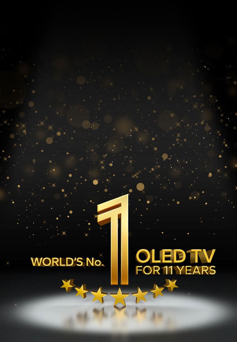 Emblema dourado da LG como a marca de TV OLED número um do mundo em 11 anos em um fundo preto.