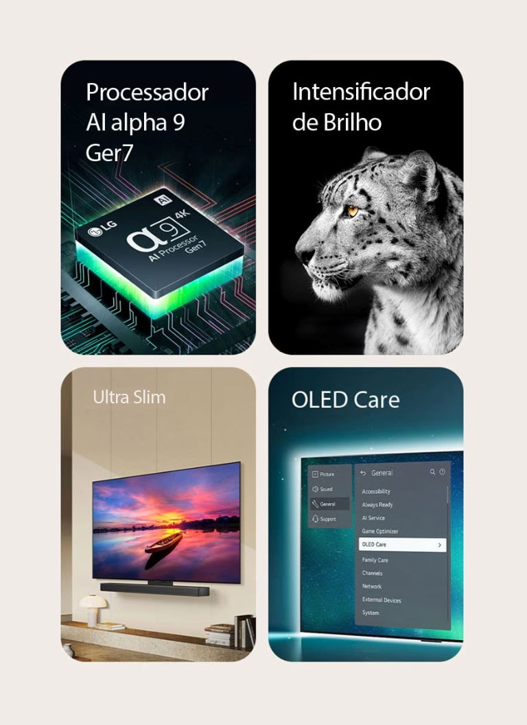 Uma imagem do processador alpha 9 AI Gen 7 na parte superior de uma placa-mãe, emitindo raios de luz verdes. Uma imagem que mostra o Brightness Booster com a face lateral de um leopardo branco. Uma vista lateral da TV ultrafina com uma LG soundbar conectada instaladas na parede em uma sala de estar moderna. Uma imagem da TV OLED onde o menu OLED Care está selecionado na aba de Suporte que aparece no topo da tela.