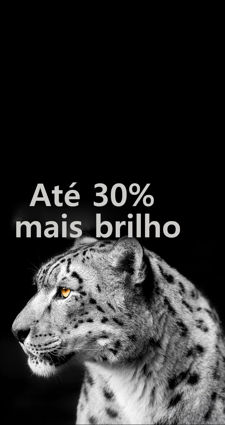 Um leopardo branco do lado esquerdo da imagem com "Até 30% mais brilho" mostra a funcionalidade Brightness Booster da LG em ação.