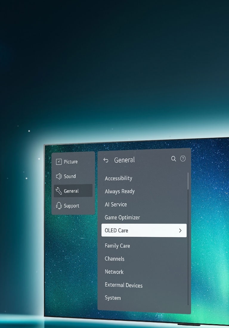 A TV OLED no lado direito mostra o menu de suporte na tela e o menu OLED Care está selecionado.