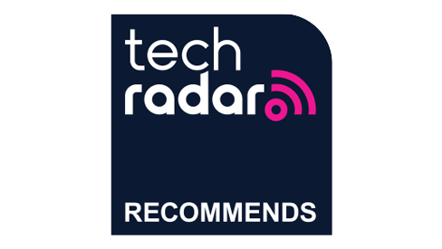 Logo da Tech Radar com o texto "tech radar" em branco e "RECOMMENDS" embaixo, em fundo azul escuro.