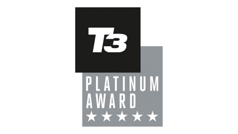 Logotipo do prêmio T3 Platinum com cinco estrelas em um fundo cinza e preto.