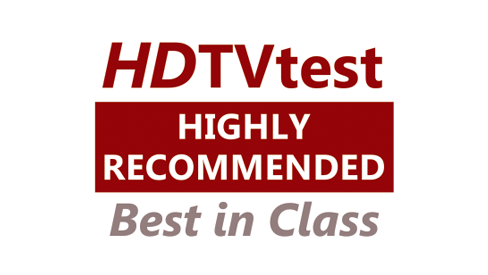 Selo da HDTVtest com a frase "Altamente Recomendado - Melhor da Categoria" em letras vermelhas e cinzas.